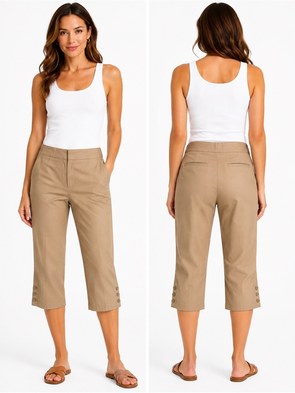 Harve Bernard Tan Capris Cropped Pants with Button Detail Size 10